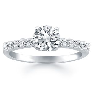 14k White Gold Shared Prong Diamond Band Accent Engagement Ring