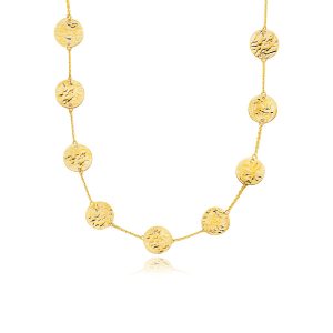 14k Yellow Gold Textured Disc Long Layering Necklace