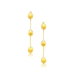 14k Yellow Gold Textured and Shiny Pebble Dangling Earrings