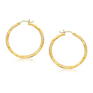 14k Yellow Gold Fancy Diamond Cut Hoop Earrings (35mm Diameter)