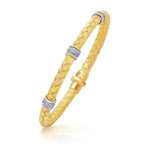 14k Two-Tone Gold Rondelle Diamond Station Basket Weave Bracelet