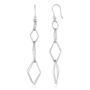 Sterling Silver Textured Interlocking Diamond Motif Dangle Earrings