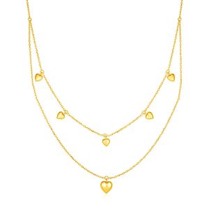 14k Yellow Gold Two Strand Necklace with Puffed Heart Drops