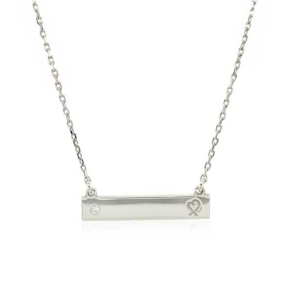 Sterling Silver 18 inch Bar Necklace with Diamond and Engraved Heart