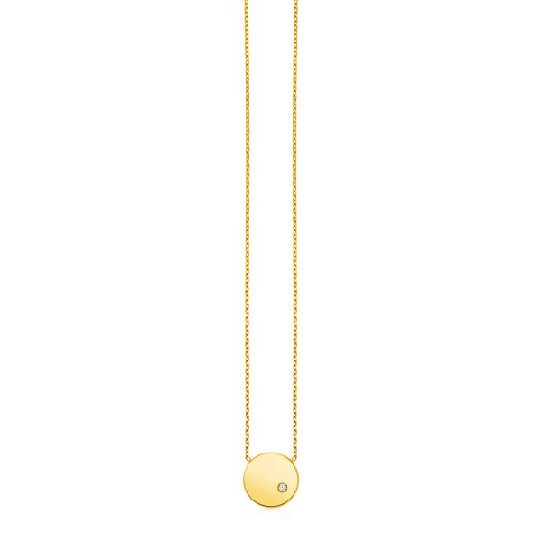 14k Yellow Gold Necklace with Polished Round Pendant with Diamond