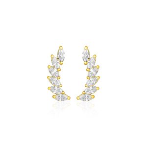 14k Yellow Gold Leaf Motif Climber Post Earrings with Marquise Cubic Zirconias