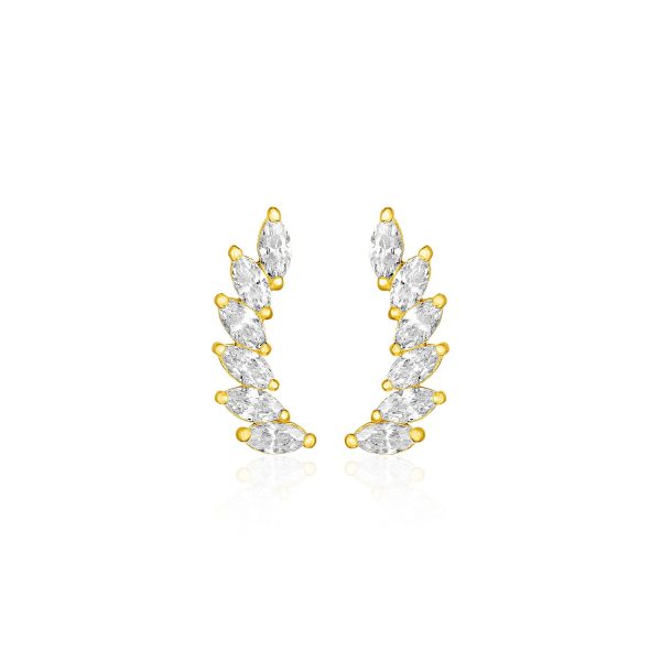 14k Yellow Gold Leaf Motif Climber Post Earrings with Marquise Cubic Zirconias