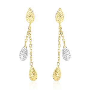 14k Two-Tone Gold Double Row Chain Earrings with Diamond Cut Teardrops