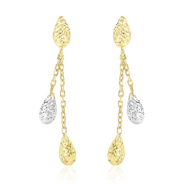 14k Two-Tone Gold Double Row Chain Earrings with Diamond Cut Teardrops