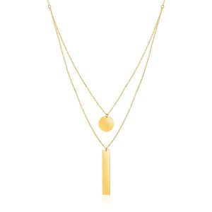 14k Yellow Gold 18 inch Two Strand Necklace with Circle and Bar Pendants