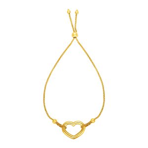 Adjustable Bracelet with Shiny Open Heart in 14k Yellow Gold