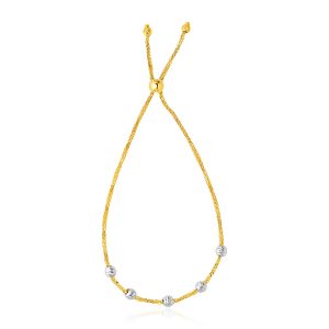 14k Two-Tone Gold Textured Round Bead Lariat Chain Bracelet