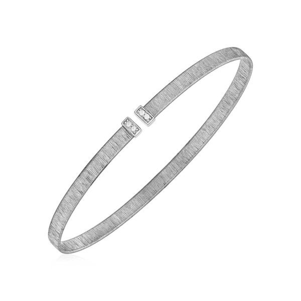 14k White Gold Narrow Silk Textured Cuff Bangle with Diamonds