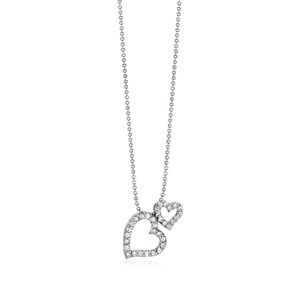 Sterling Silver Necklace with Two Open Hearts and Cubic Zirconias