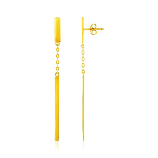 14k Yellow Gold Polished Bar Earrings with Chain and Bar Drop