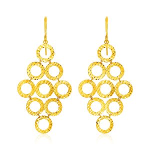 14k Yellow Gold Earrings with Textured Open Circle Motifs