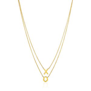 14k Yellow Gold DoubleS trand Chain Necklace with X and O