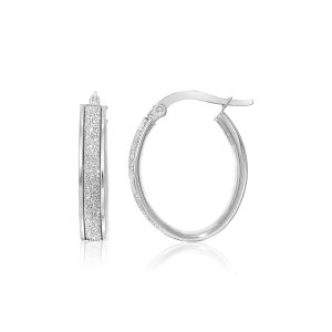 14k White Gold Glitter Center Oval Hoop Earrings