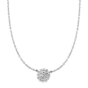 14k White Gold Necklace with Round Pendant with White Diamonds