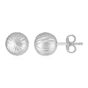 14K White Gold Ball Earrings with Linear Texture