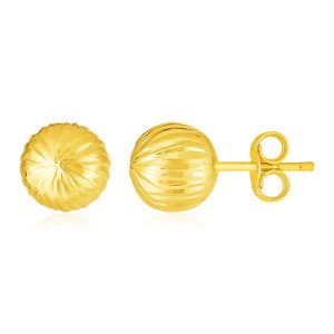 14K Yellow Gold Ball Earrings with Linear Texture