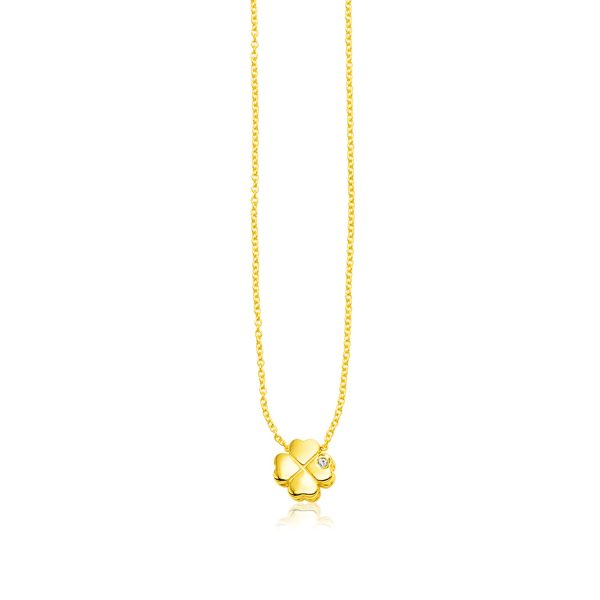 14k Yellow Gold Polished Four Leaf Clover Necklace with Diamond