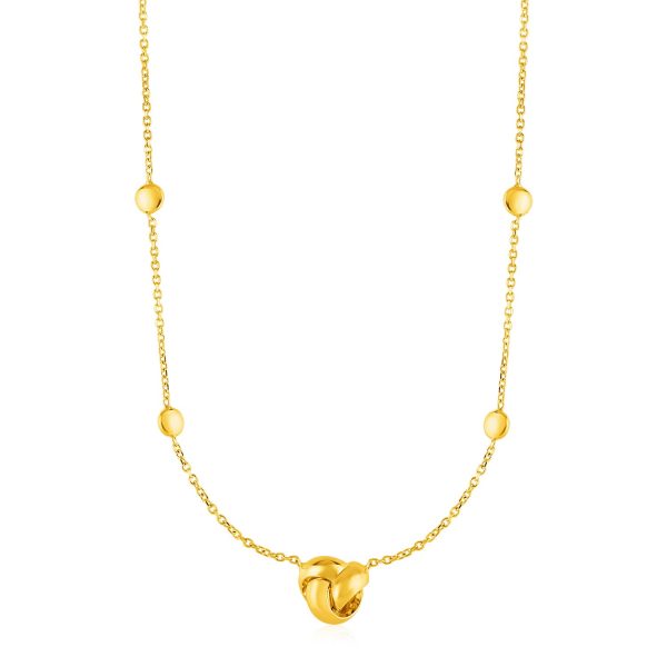 Station Necklace with Love Knot and Round Beads in 14k Yellow Gold