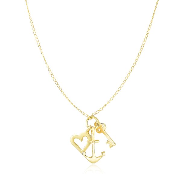 14k Yellow Gold Anchor Heart and Skeleton Key Cluster Charm Necklace