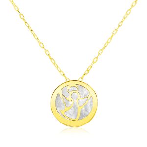 14k Yellow Gold Necklace with Angel Symbol in Mother of Pearl