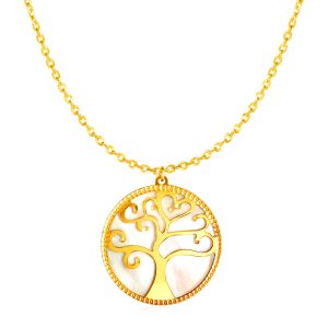 14k Yellow Gold and Mother of Pearl Tree of Life Necklace