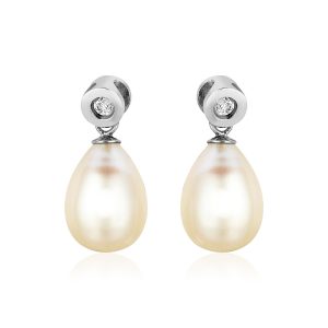 Sterling Silver Earrings with Pear Shaped Freshwater Pearls and Cubic Zirconias