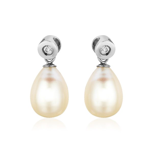 Sterling Silver Earrings with Pear Shaped Freshwater Pearls and Cubic Zirconias