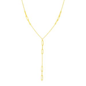 14K Yellow Gold Lariat Necklace with Paperclip Chain Stations