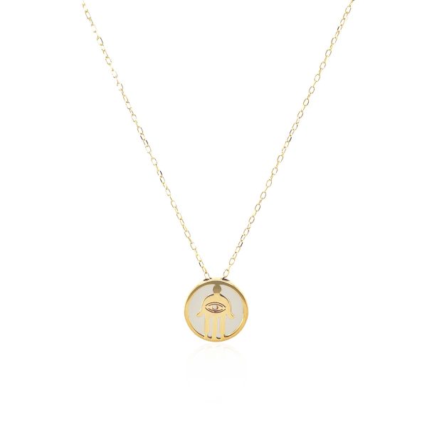 14k Yellow Gold Necklace with Hand of Hamsa Symbol in Mother of Pearl