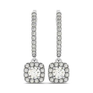 Cushion Shape Halo Style Diamond Drop Earrings in 14k White Gold (1/2 cttw)