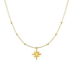 14k Yellow Gold Necklace with Eight Pointed Star and Beads