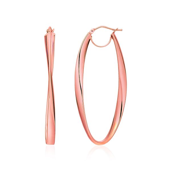 14k Rose Gold Twist Motif Oval Shape Hoop Earrings