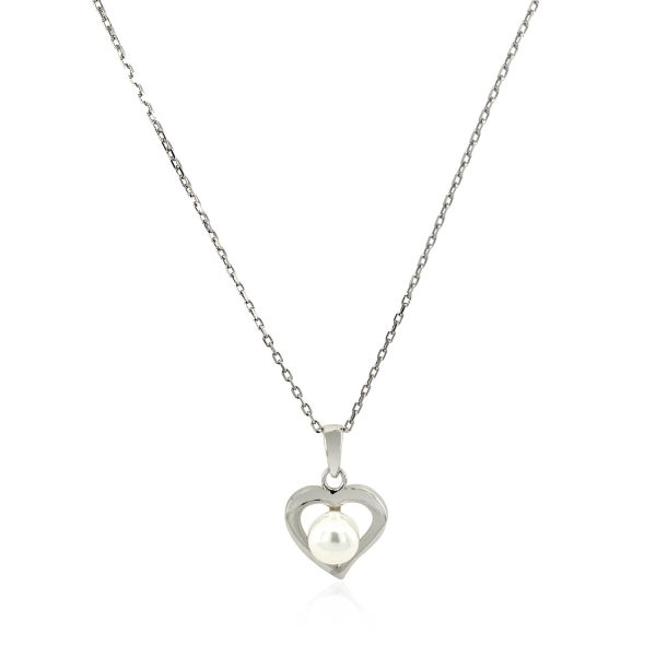 Sterling Silver Open Heart Necklace with Freshwater Pearl