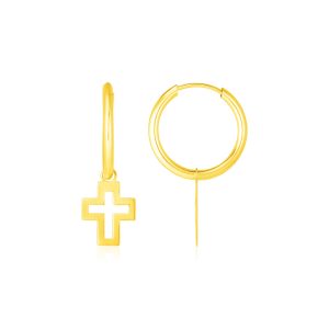 14K Yellow Gold Hoop Polished Earrings with Crosses