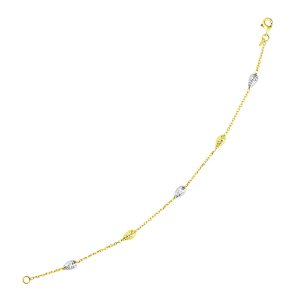 14k Two-Tone Gold Puffed Teardrop with Diamond Cut Station Bracelet