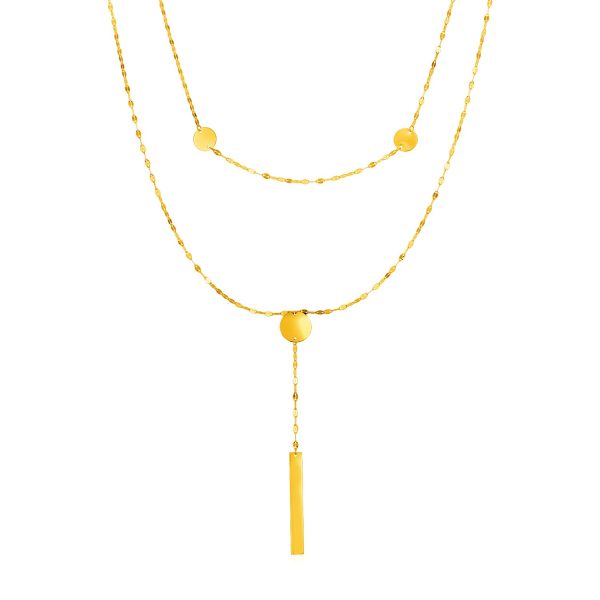 14k Yellow Gold Two Strand Necklace with Polished Circles and Bar Drop