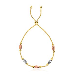 14k Tri-Gold Diamond Cut Oval Station Lariat Style Bracelet