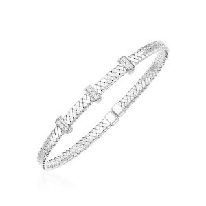 14k White Gold Narrow Basket Weave Bangle with Diamonds