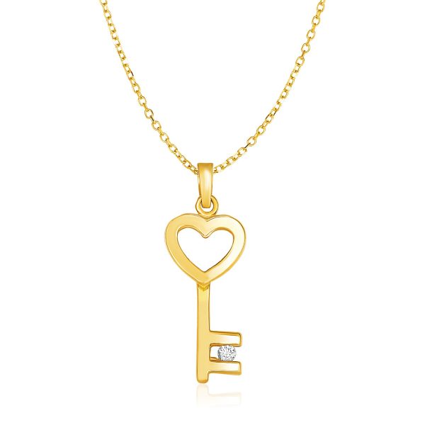 14k Yellow Gold Necklace with Gold and Diamond Heart Key Pendant