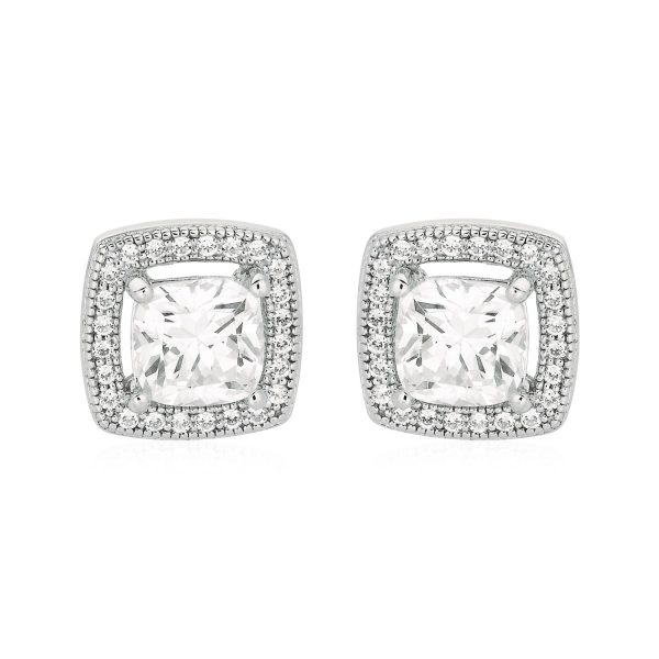 Cushion Earrings with Cubic Zirconia in Sterling Silver